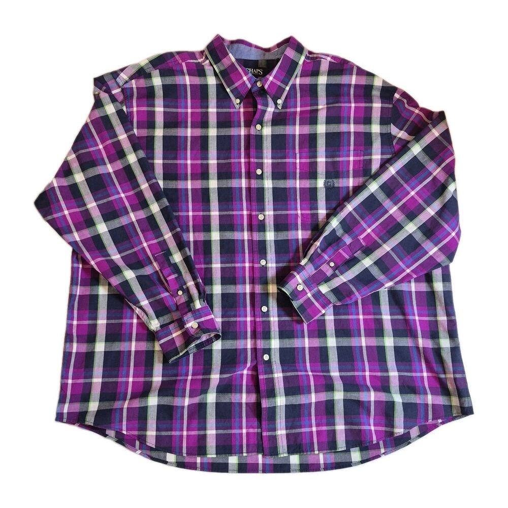 Chaps Men's Plaid Button-Up Shirt Size 3XB Easy Care Long Sleeve Magenta